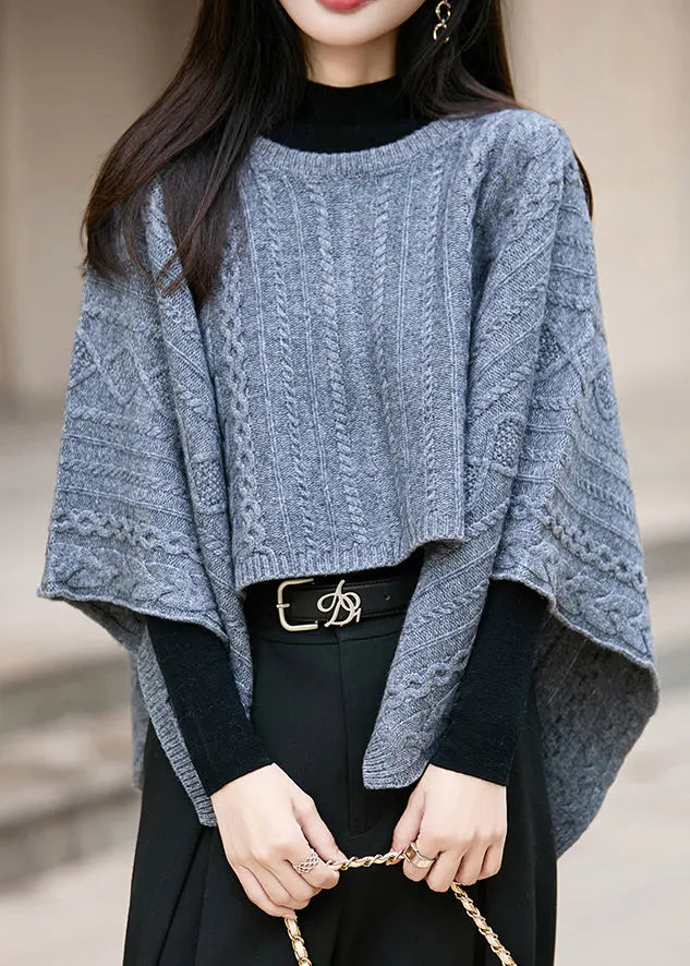 Blue Cozy Thick Woolen Sweater O Neck Batwing Sleeve