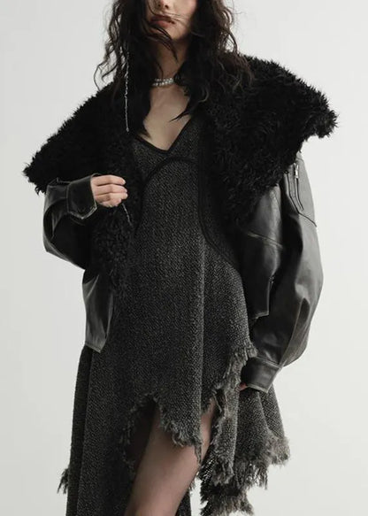 Black Fur Collar Pockets Faux Leather Coats Spring