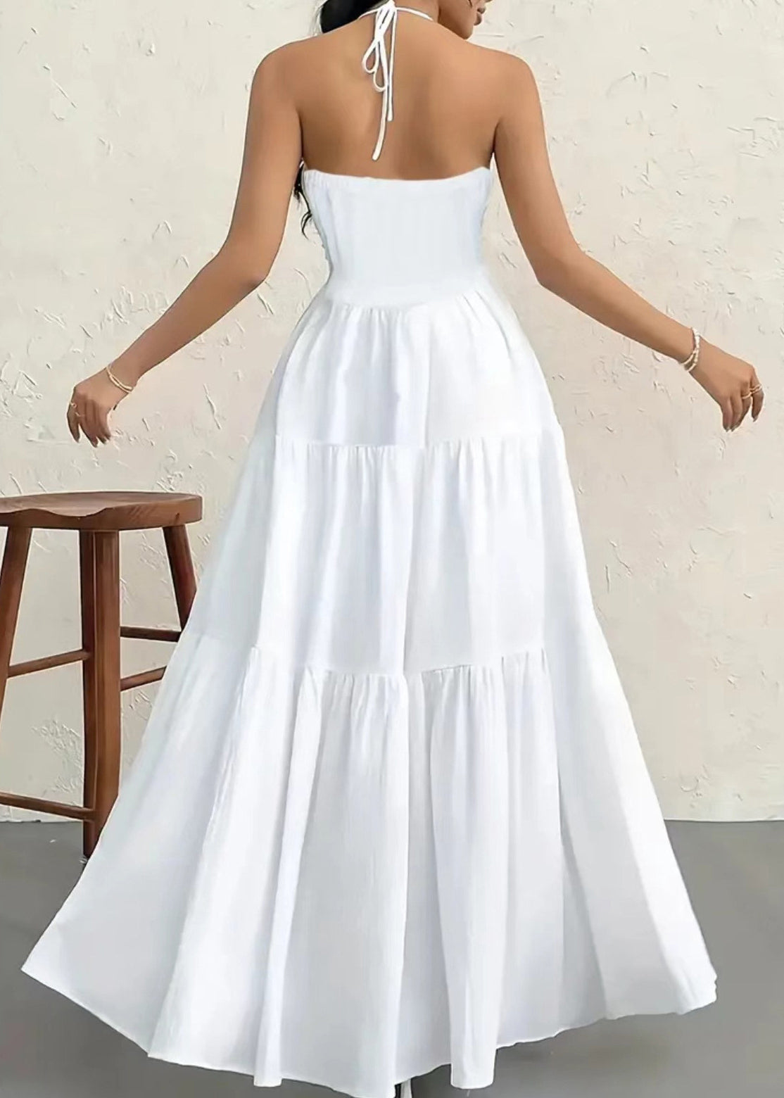 White Wrinkled Patchwork Cotton Halter Dress Sleeveless