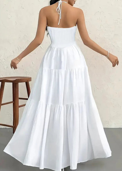 White Wrinkled Patchwork Cotton Halter Dress Sleeveless