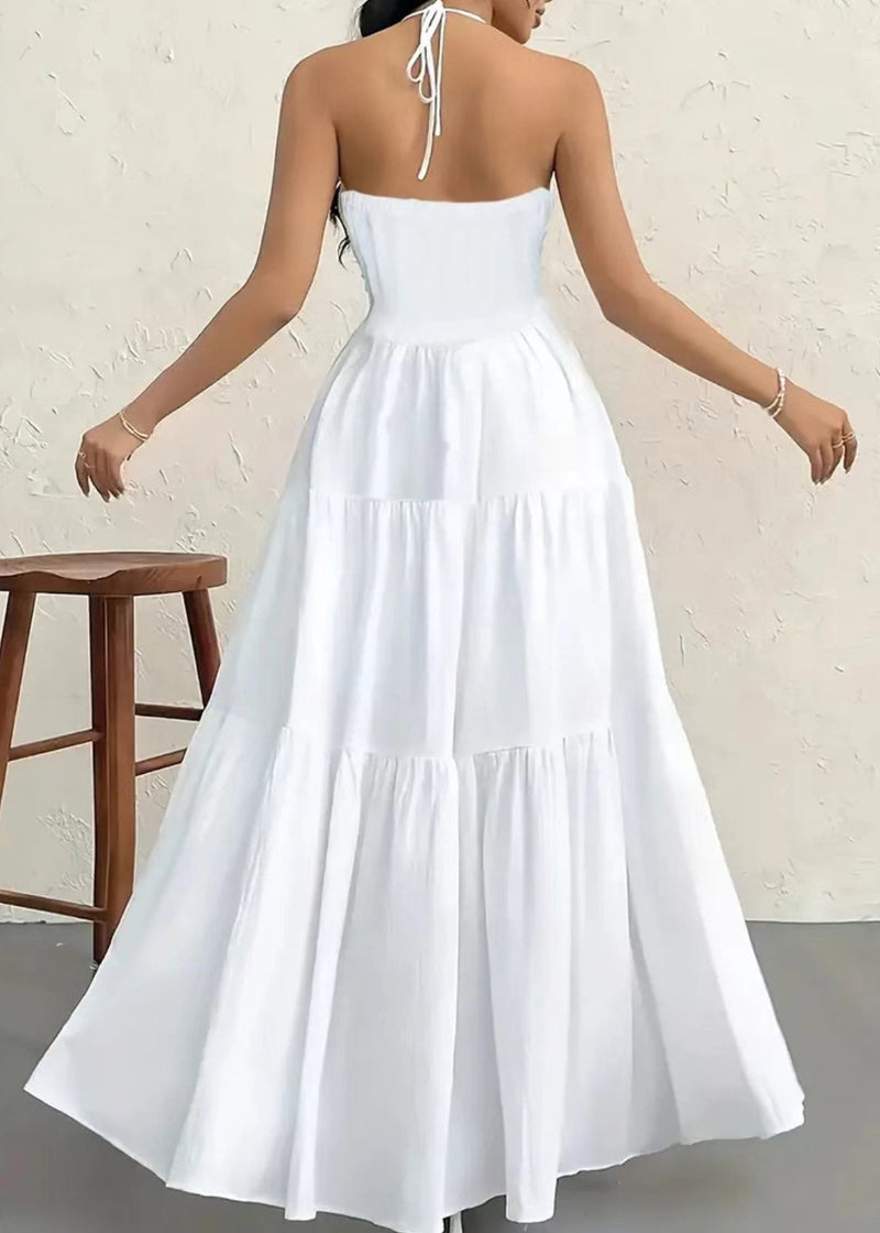 White Wrinkled Patchwork Cotton Halter Dress Sleeveless