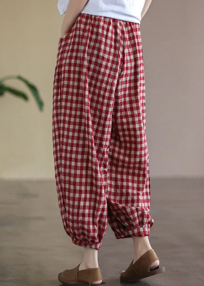 Red Plaid Pockets Elastic Waist Linen Crop Pants Summer