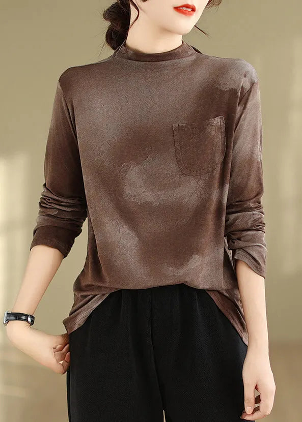 Coffee Pockets Patchwork Cotton T Shirt Fall