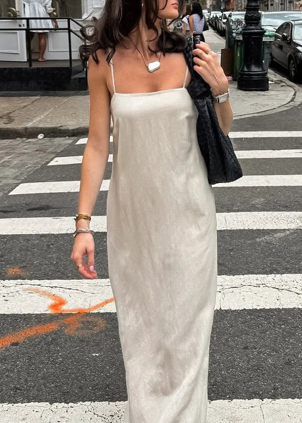 Khaki Square Neck Vacation Style Spaghetti Strap Dress Summer
