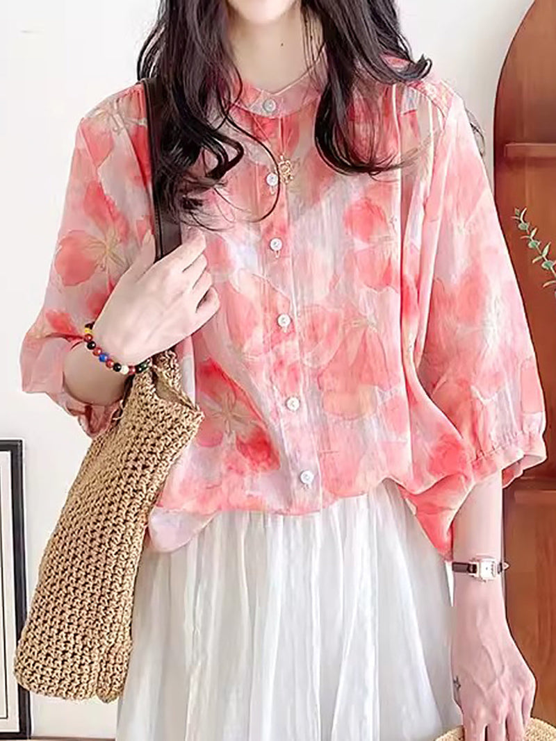 Summer Flower Ramie Button-up Shirt