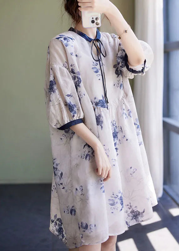 Style White Stand Collar Asymmetrical Wrinkled Print Cotton Linen Party Dress Half Sleeve