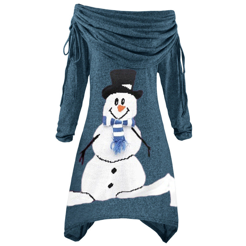 Women's Casual Christmas Dress with Off-Shoulder Design and Snowman Motif