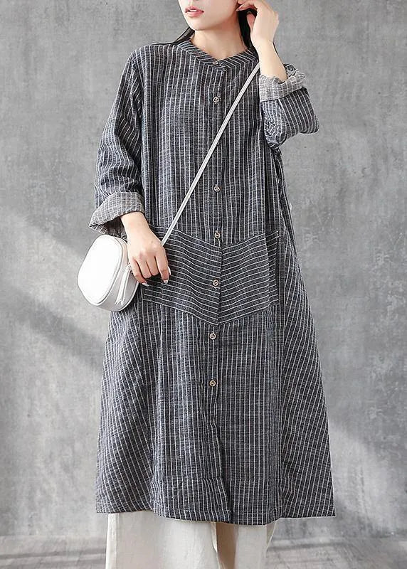 Gray Striped Linen Tunics Stand a Line Skirts Art Dresses