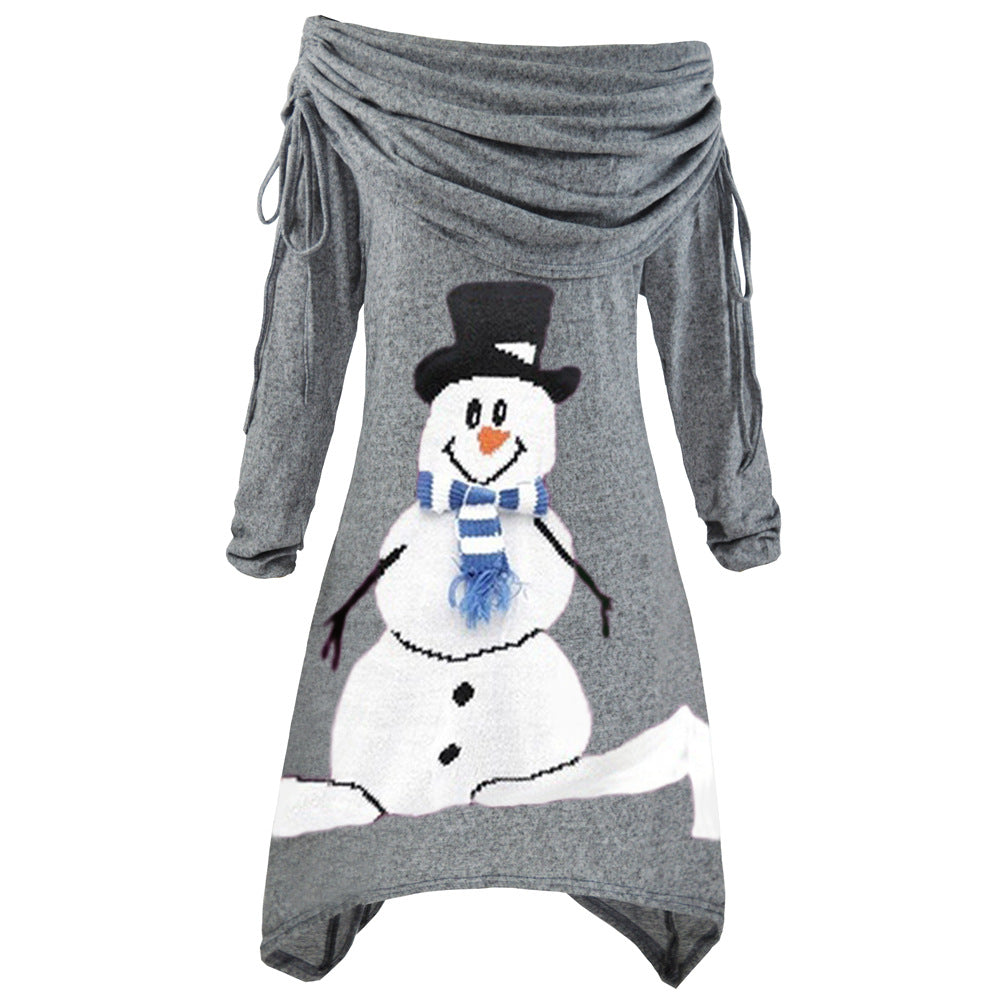 Women's Casual Christmas Dress with Off-Shoulder Design and Snowman Motif