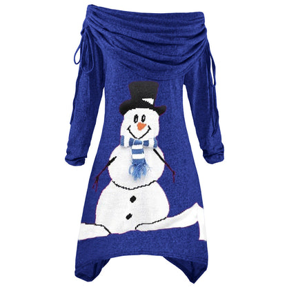 Women's Casual Christmas Dress with Off-Shoulder Design and Snowman Motif