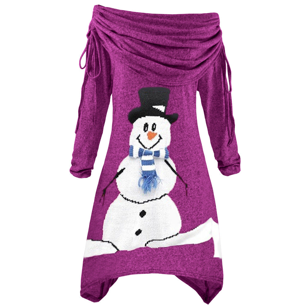 Women's Casual Christmas Dress with Off-Shoulder Design and Snowman Motif