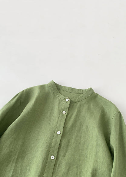 Loose Green O-neck Button Linen Shirts Spring