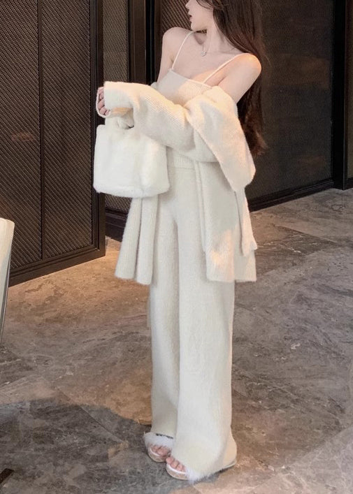 Classy Beige Tie Waist Coat Tank and Pants Knit Three Pieces Set Winter