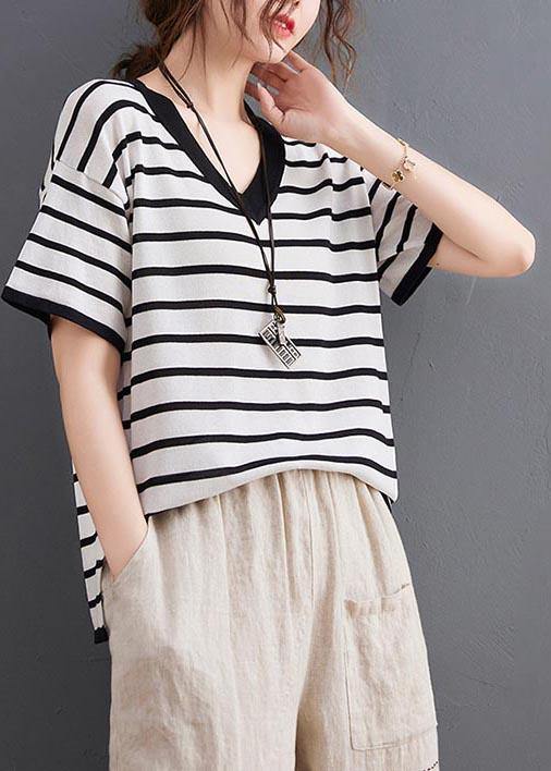 White Striped Cotton Linen Tops Summer