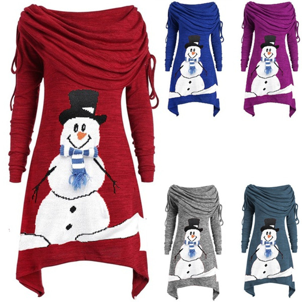 Women's Casual Christmas Dress with Off-Shoulder Design and Snowman Motif