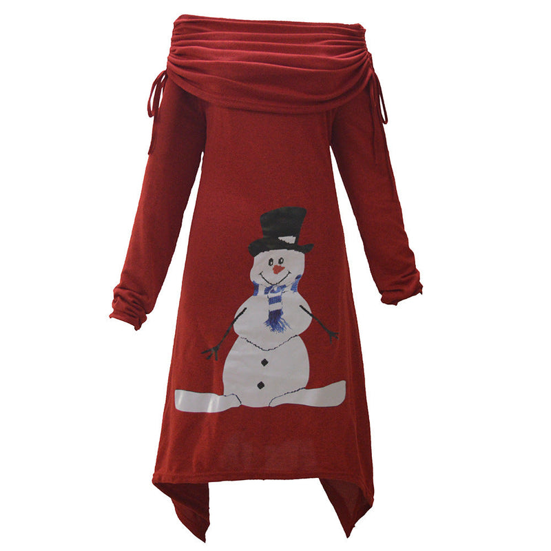 Women's Casual Christmas Dress with Off-Shoulder Design and Snowman Motif
