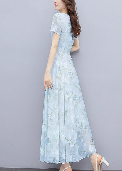 Light Blue Print Silm Fit Chiffon Long Dresses Summer