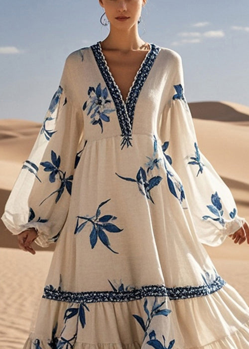 White Print Exra Large Hem Cotton Maxi Dress Fall