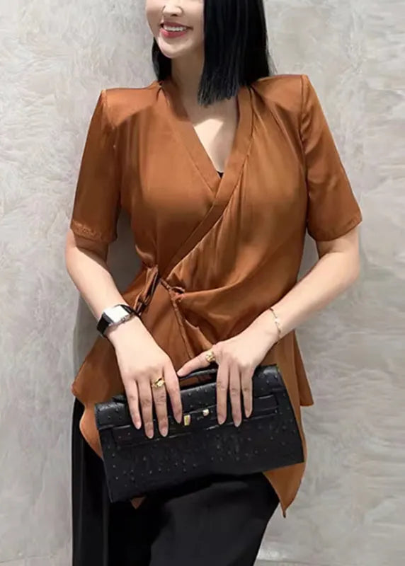 Caramel V Neck Tie Waist Shirt Short Sleeve