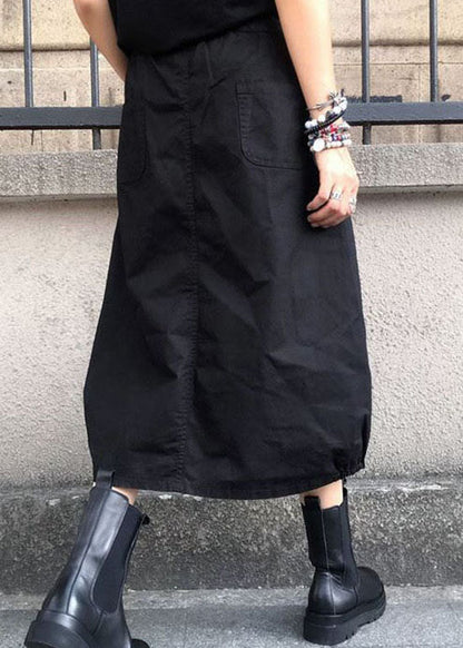 Black Wrinkled Pockets Elastic Waist Cotton Skirts Spring