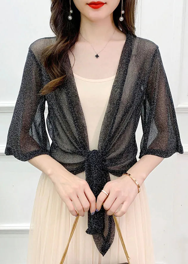 Black Lace Up Thin Tulle Cardigans V Neck Flare Sleeve