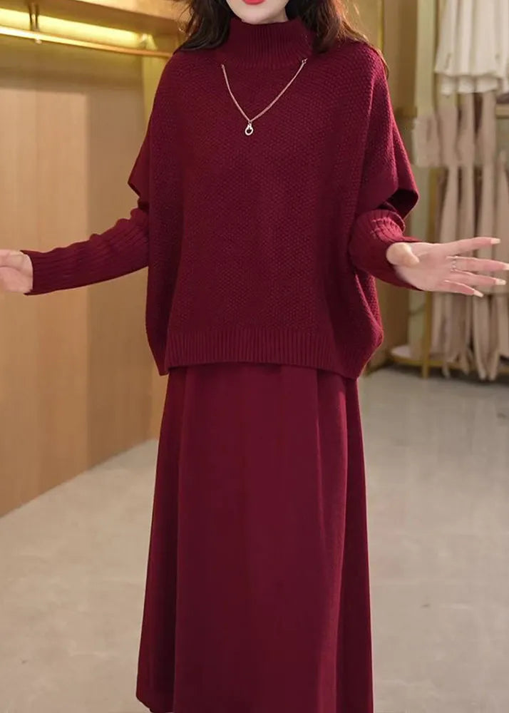 Art Mulberry Turtleneck Cotton Knit Top and Wide Leg Pants Two Piece Set Winter