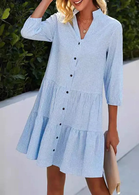 Blue V Neck Plaid Button Cotton Mid Dress Summer