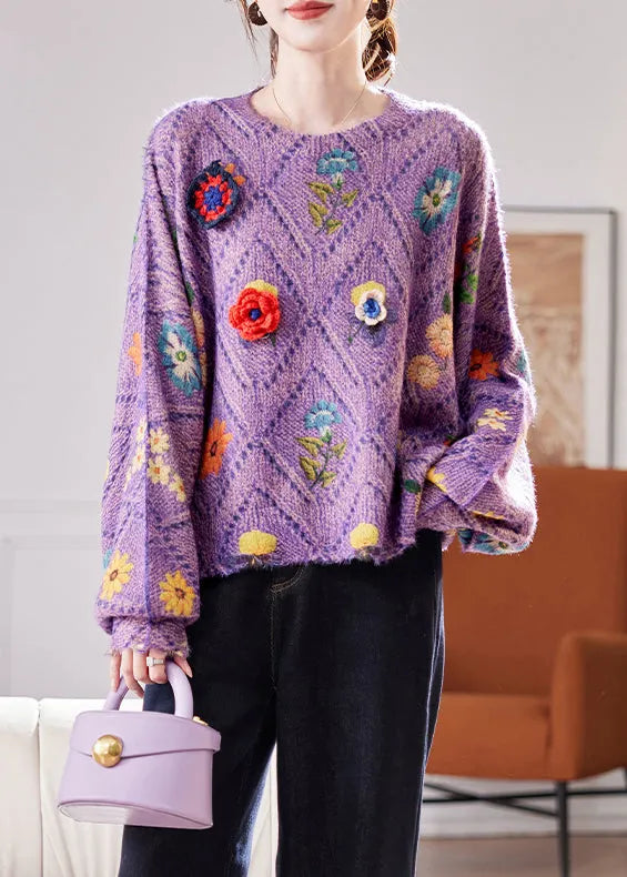 Purple Hollow Out Knit Sweaters O Neck Winter