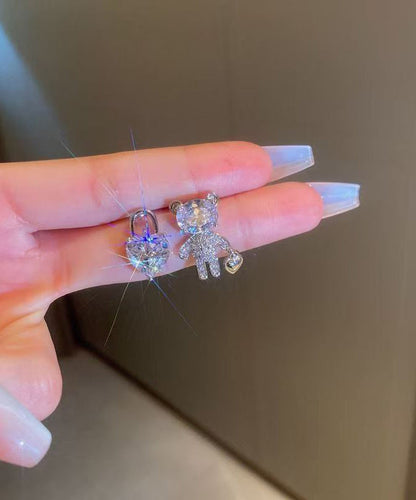 Copper Zircon Asymmetrical Little Bear Love Lock Stud Earrings