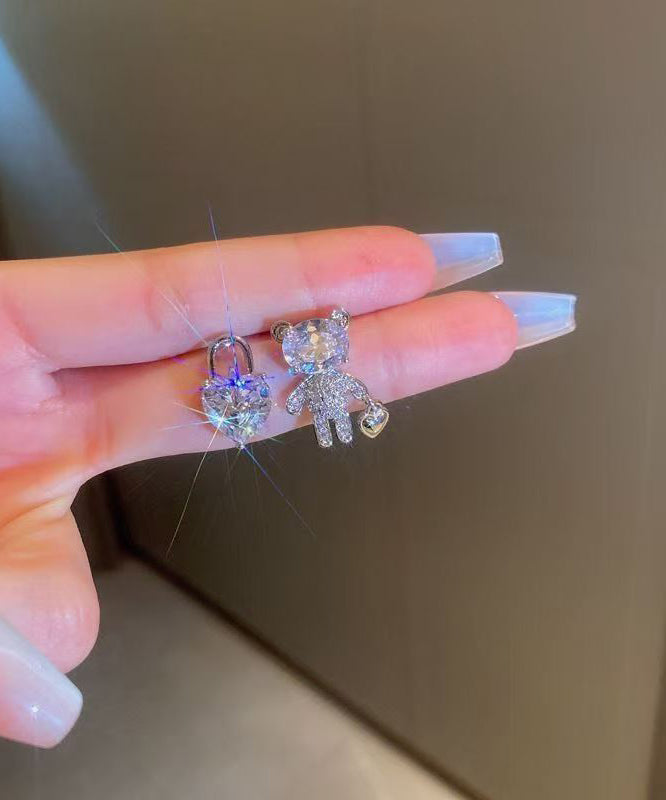 Copper Zircon Asymmetrical Little Bear Love Lock Stud Earrings