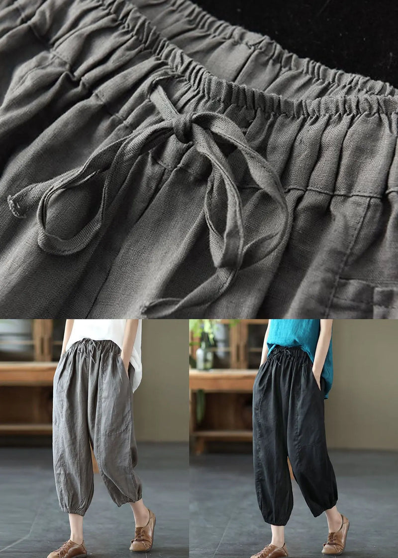 Classy Black Pockets Patchwork Linen Harem Pants Summer