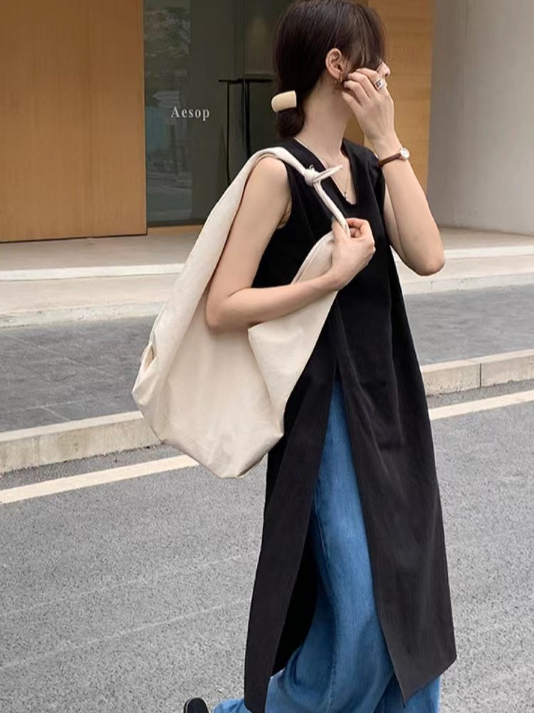 Linen Slit Sleeveless Simple Dress