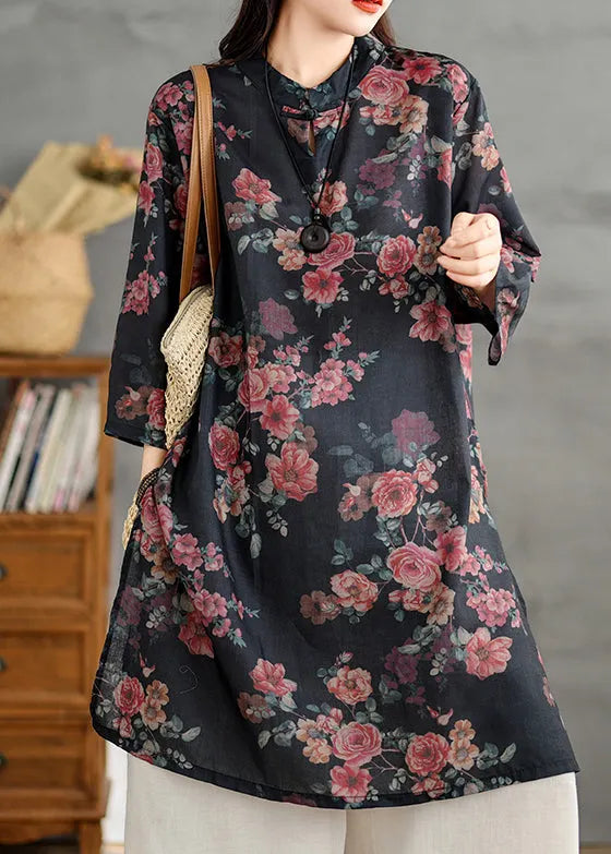 Retro Black Stand Collar Print Side Open Linen Shirts Dress Summer