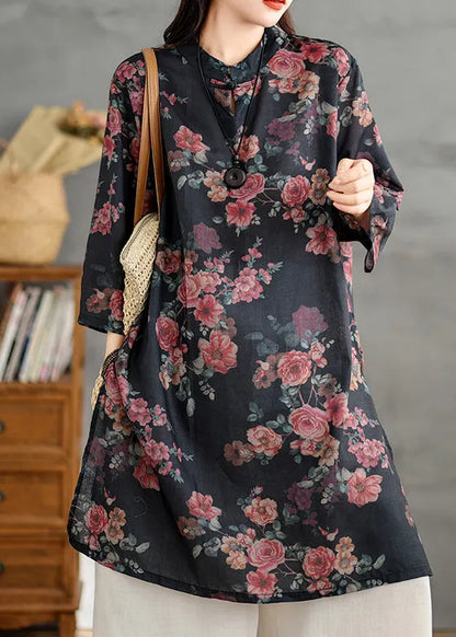 Retro Black Stand Collar Print Side Open Linen Shirts Dress Summer