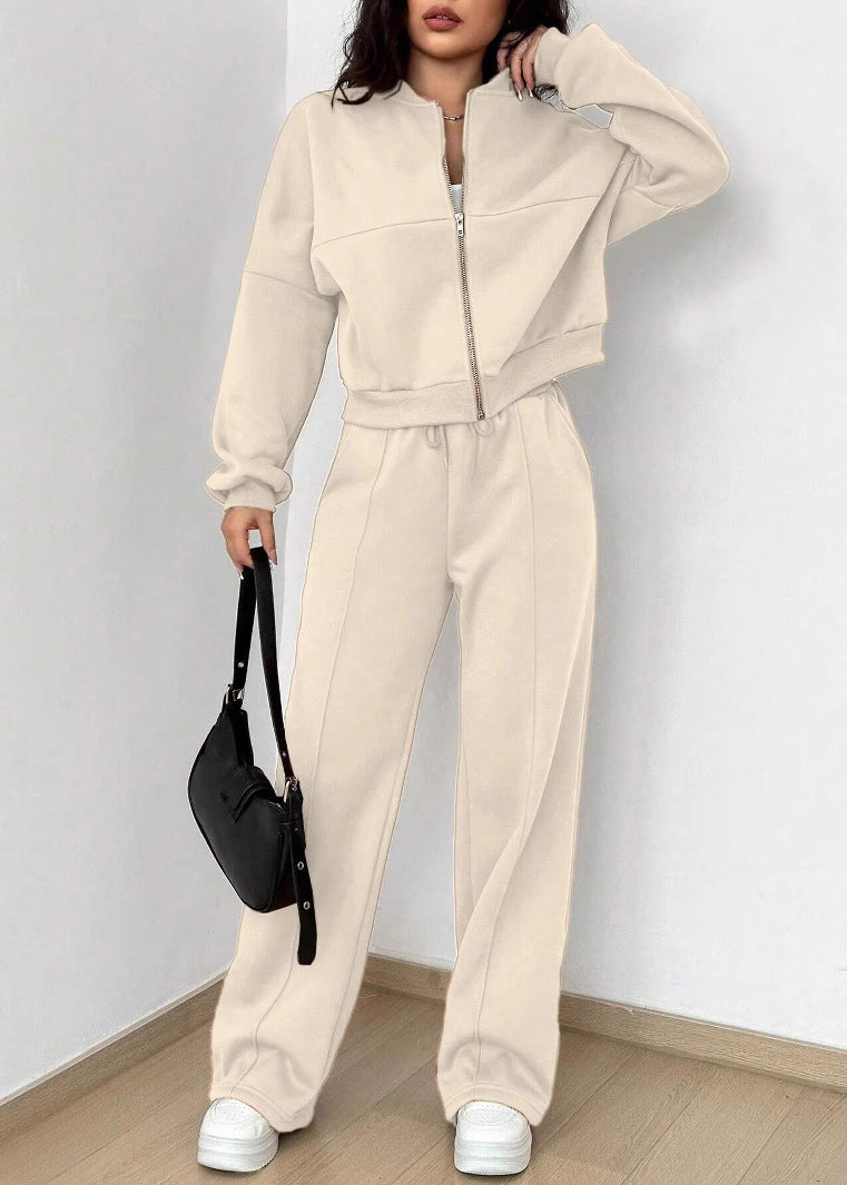 Apricot Zip Up Tops and Pants Cotton Two Piece Set Fall