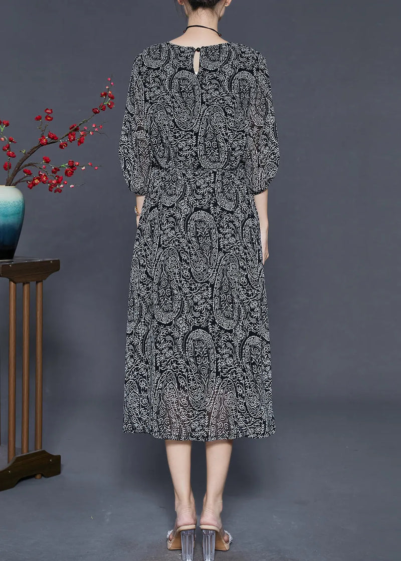 Black Tie Waist Print Chiffon Dress Summer