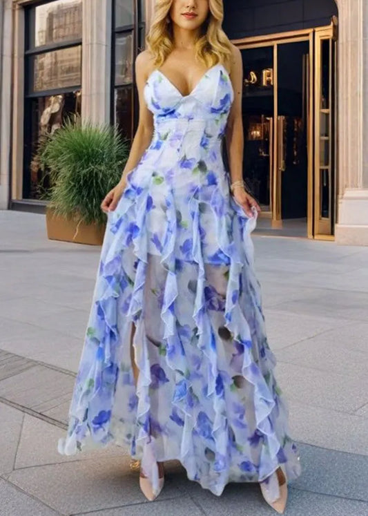 Novelty Blue V Neck Print Backless Chiffon Spaghetti Strap Dress Sleeveless
