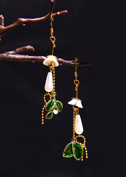 Water Droplet Pearl Green Leaf Drop Earrings