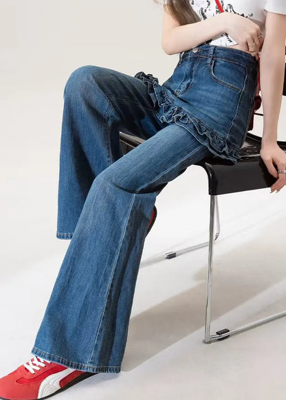 Blue Ruffled Pockets Patchwork Denim Flared Trousers Fall