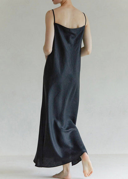 Black V Neck Side Open Linen Spaghetti Strap Dress Summer