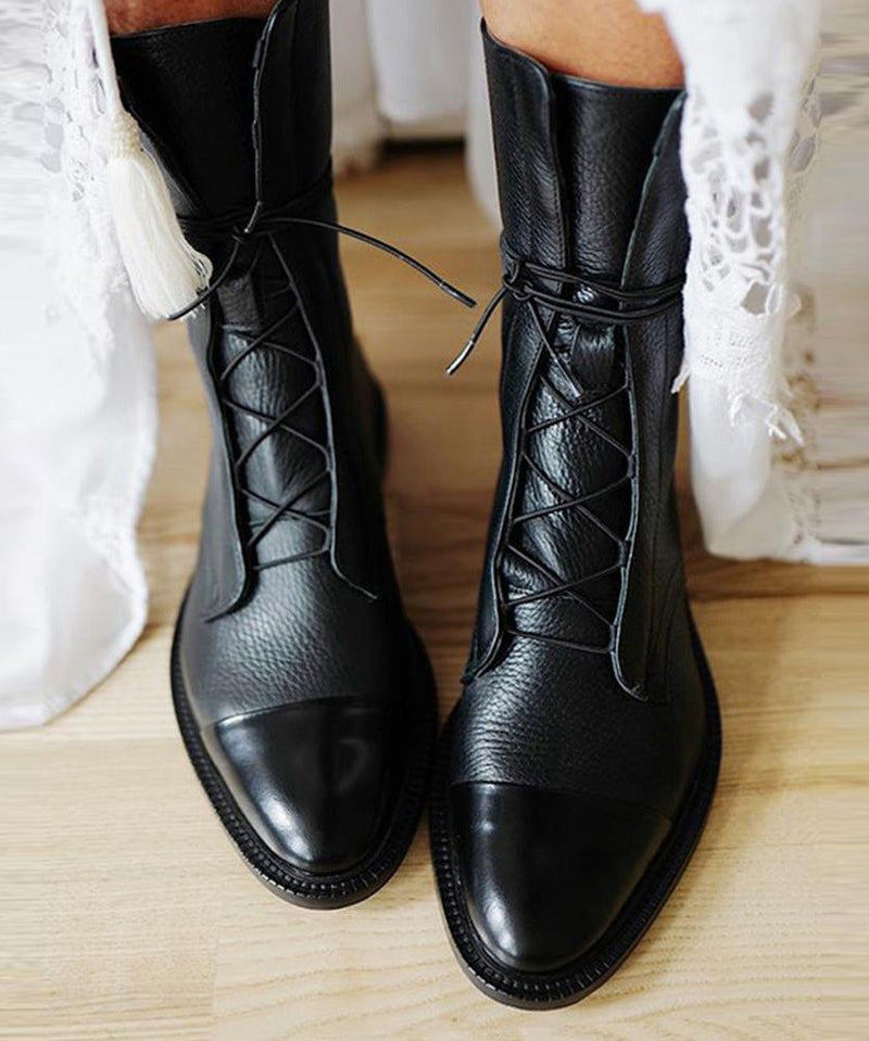 Black Faux Leather Cross Strap Splicing Boots