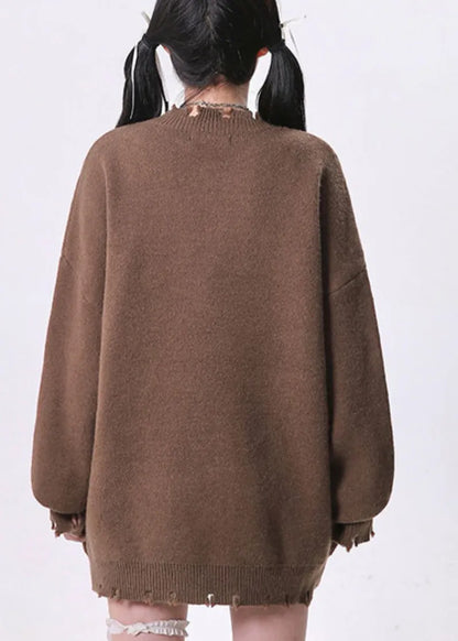 Versatile Coffee O Neck Ripped Knit Sweater Tops Spring