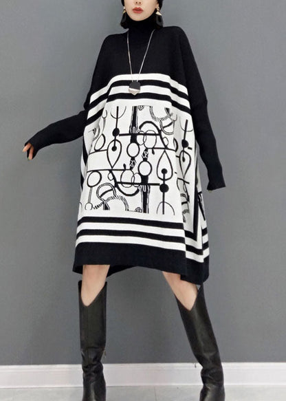 Diy White Turtle Neck Print Knit Long Dresses Spring