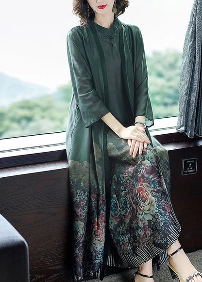 Blackish Green Print Silk Cardigans and Long Dress Two Pieces Set Button Spring