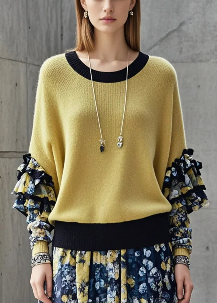 Stylish Yellow Ruffled Patchwork Warm Sweater Tops Fall