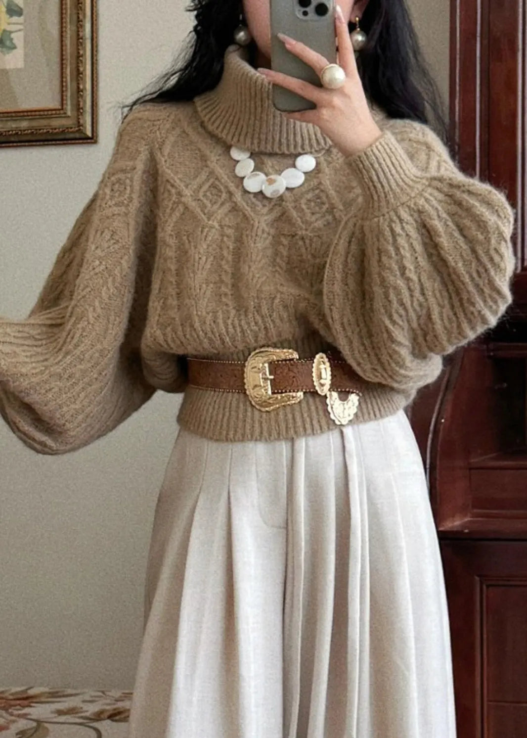 Khaki Turtleneck Thick Cable Cotton Knit Sweaters Puff Sleeve
