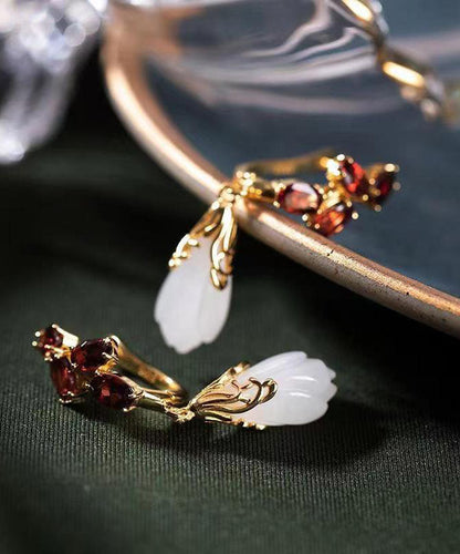 Mulberry Stainless Steel Glass Inlaid Jade Garnet Drop Earrings