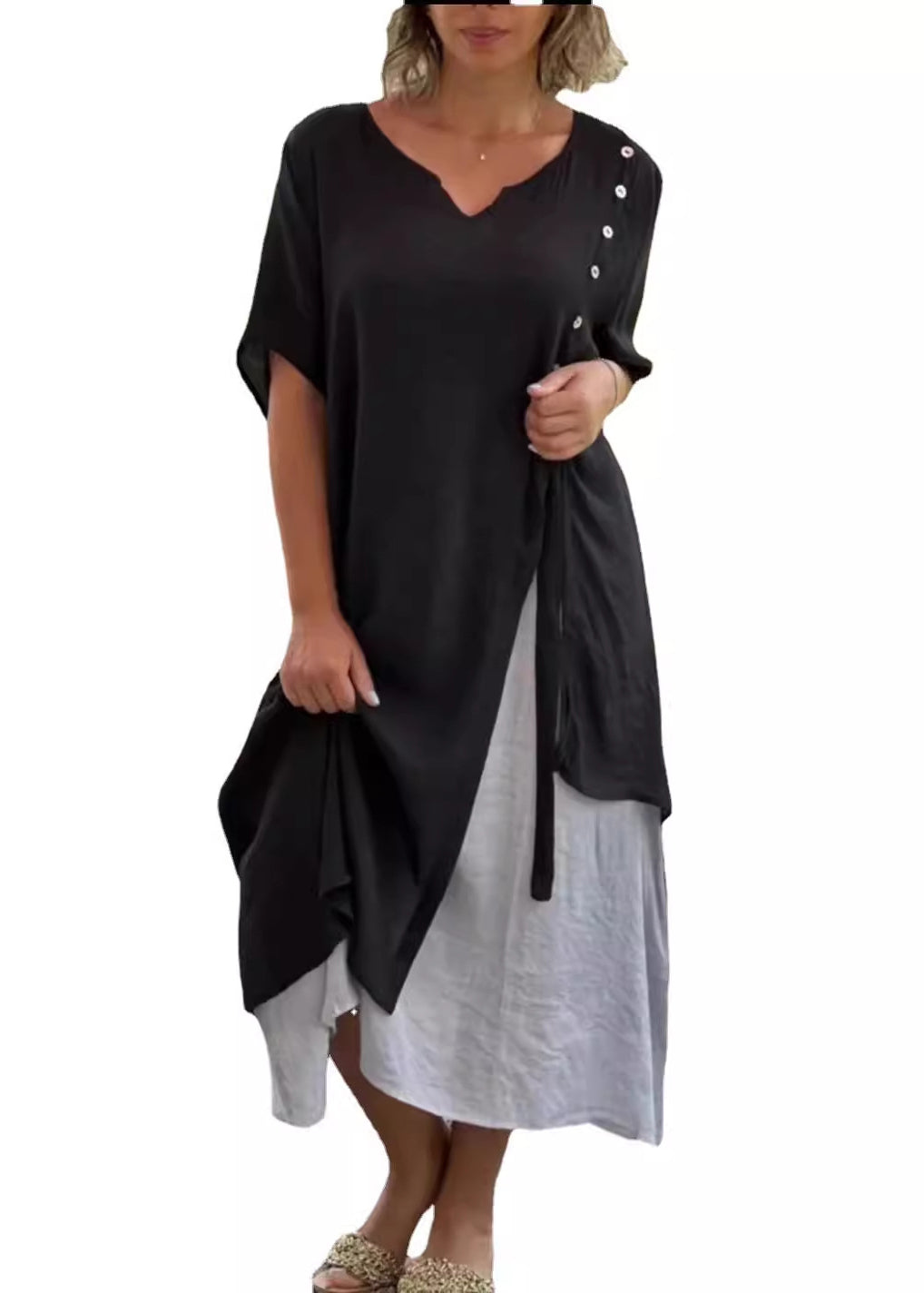 Loose Khaki V Neck False Two Pieces Patchwork Cotton Dress Summer