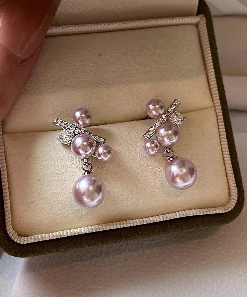 Rosy Sterling Silver Zircon Grape Pearl Stud Earrings