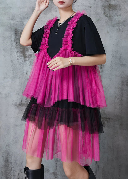 Black Oversized Patchwork Layered Tulle Vacation Dress Summer